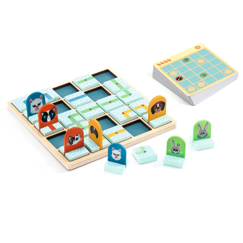 Introducing Djeco Sologic Path Path Logic: a family game that includes animal-themed tokens adorned with different animal faces, all set on a wooden grid. A card resembling a blueprint accompanies the board, providing guidance to players as extra animal tokens wait in the foreground, eager to begin their whimsical adventure.