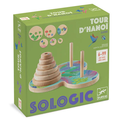 The Djeco Sologic Tour d'Hanoï comes in a green box and is a traditional wooden game featuring concentric rings decorated with birds and flowers, perfect for enhancing patience and logic skills. Suitable for ages 6 to 99, it includes two pegs on the platform and follows the classic game rules.