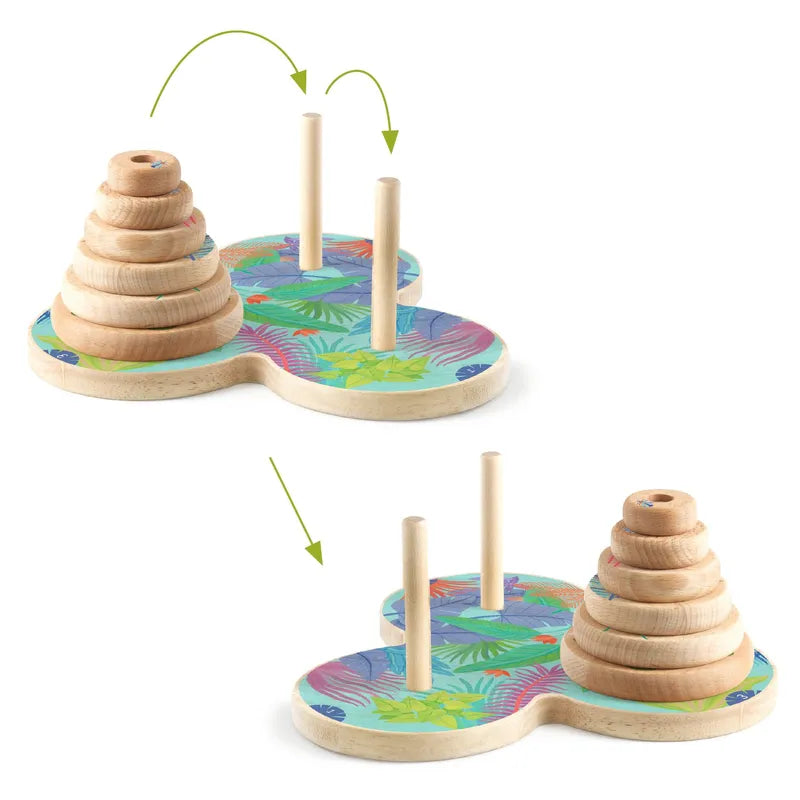 Explore the Djeco Sologic Tour d'Hanoï, a traditional wooden stacking puzzle game. The top illustration displays rings stacked on a peg, while the bottom image depicts them being transferred to another peg following classic game rules. The base of the puzzle boasts a vibrant jungle theme, with arrows highlighting the movement of the rings.