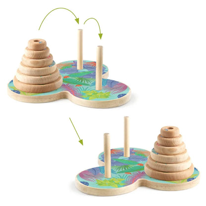 Explore the Djeco Sologic Tour d'Hanoï, a traditional wooden stacking puzzle game. The top illustration displays rings stacked on a peg, while the bottom image depicts them being transferred to another peg following classic game rules. The base of the puzzle boasts a vibrant jungle theme, with arrows highlighting the movement of the rings.