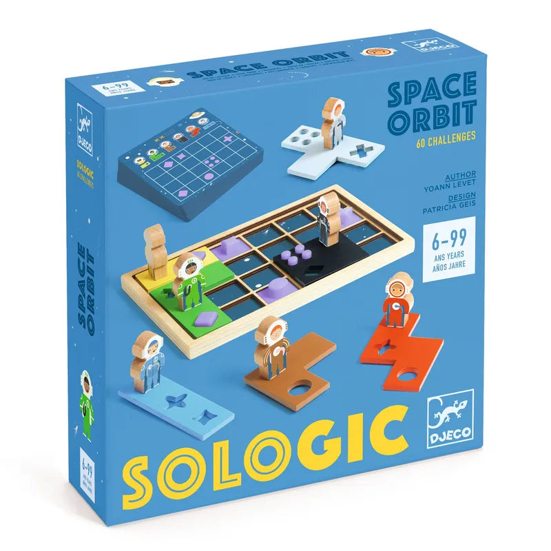 The image features the "Djeco Sologic Space Orbit" board game, which presents colorful astronauts maneuvering across a wooden space board. Suitable for ages 6 to 99, this captivating space station game, designed by Patricia Geis and Yoann Levet, offers 60 unique challenges.