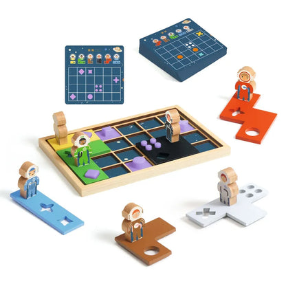 Discover the Djeco Sologic Space Orbit, an exciting space station game that comes with vibrant wooden astronaut figures attached to Tetris-shaped pieces. These pieces seamlessly fit into a wooden space board divided into blue, green, black, and purple sections. In the background, you’ll find two card grids offering 60 challenges for you to master.