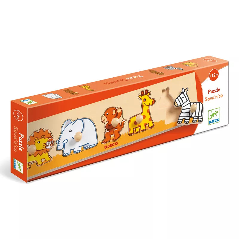 A Djeco cardboard box with a picture of a giraffe, elephant, and zebra holding Djeco Sava'n'co Large buttons puzzle.