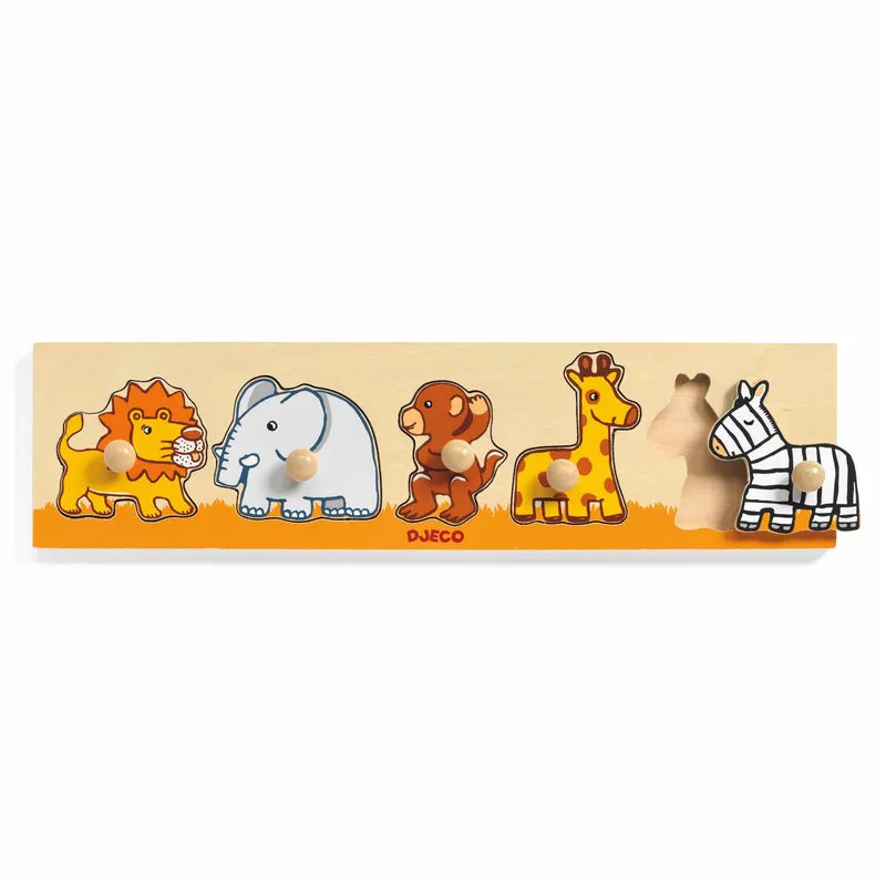 A Djeco Sava'n'co Large buttons puzzle with different animals on it.