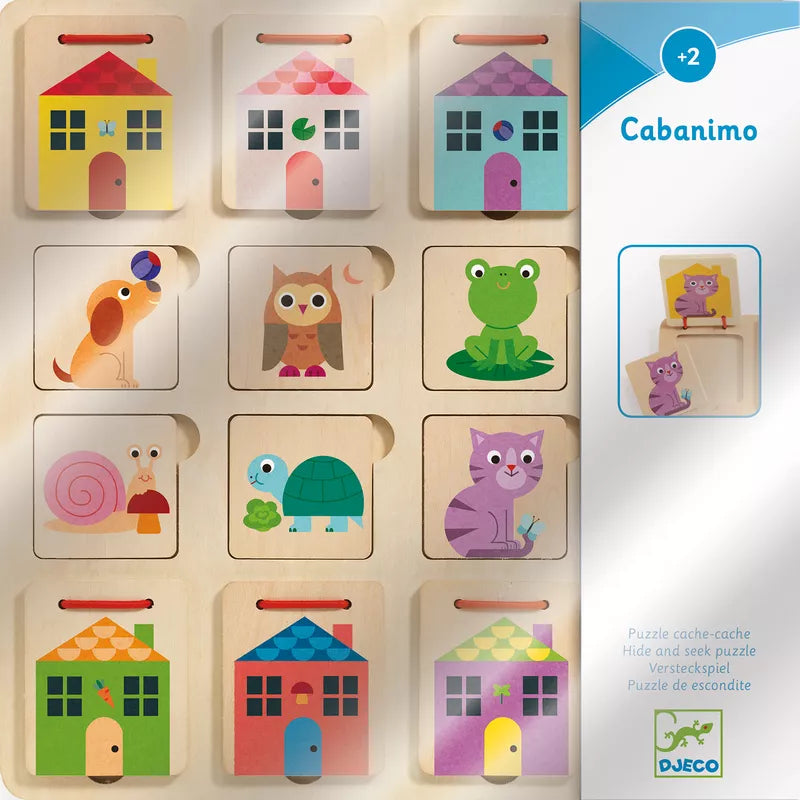 A picture of a Djeco Cabanimo Puzzle with animals and houses.