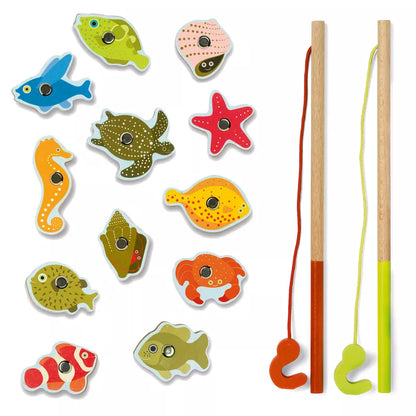 A group of Djeco Magnetic Fishing Tropic Game fish on a white background.