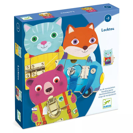 A Djeco Locktou Skill Game puzzle box with a picture of a cat, a bear, and a bear.