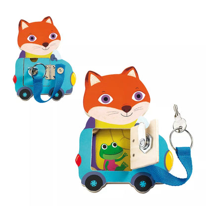 A Djeco Locktou Skill Game key chain with a picture of a fox and a frog on it.