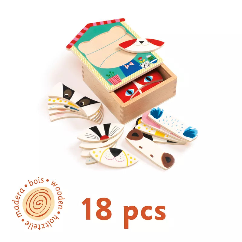 A box of Djeco Face Mix Puzzles with a cat in it.