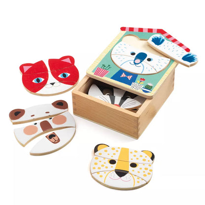 A Djeco Face Mix Puzzle box filled with wooden animal masks.