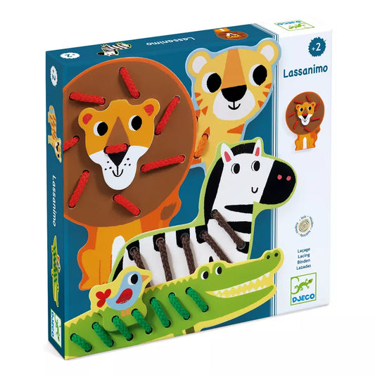 A Djeco Lacing Lassanimo puzzle box with a picture of a giraffe, a zebra and a.