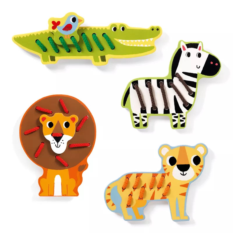A set of Djeco Lacing Lassanimo animal magnets on a white background.