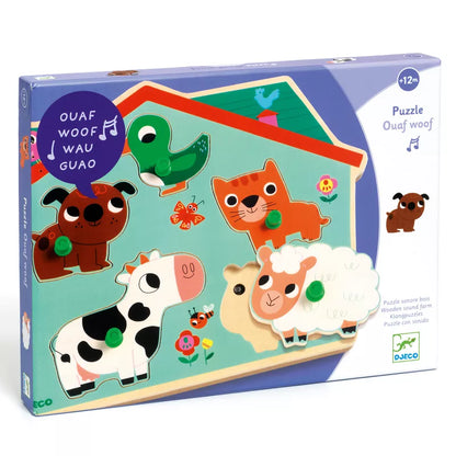 A Djeco Ouaf Woof Sound Puzzle with a picture of farm animals.