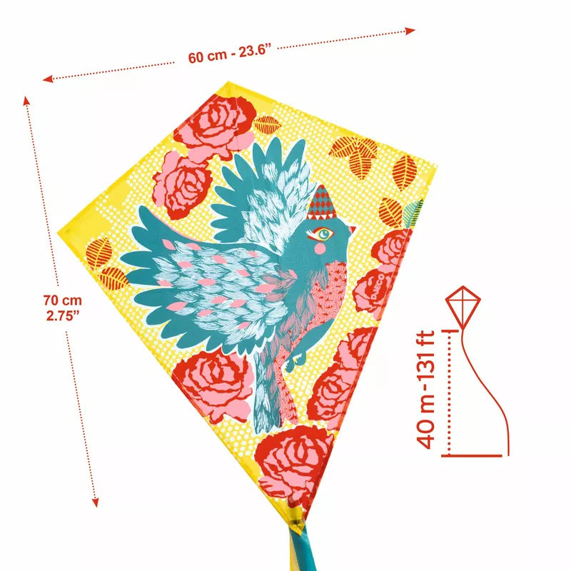 A colourful Djeco Kites Bird with a bird and roses on it.