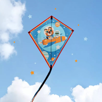 A Djeco Kites Rocket with an image of a spaceship and an astronaut flying in the sky.