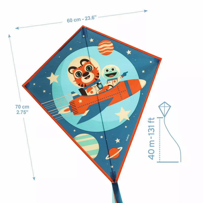 Sentence with Product Name: A Djeco Kites Rocket with an image of a rocket and a teddy bear astronaut.