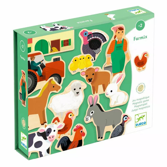 A Djeco puzzle box with Djeco Wooden Magnets Farm featuring farm animals and farm scenes.