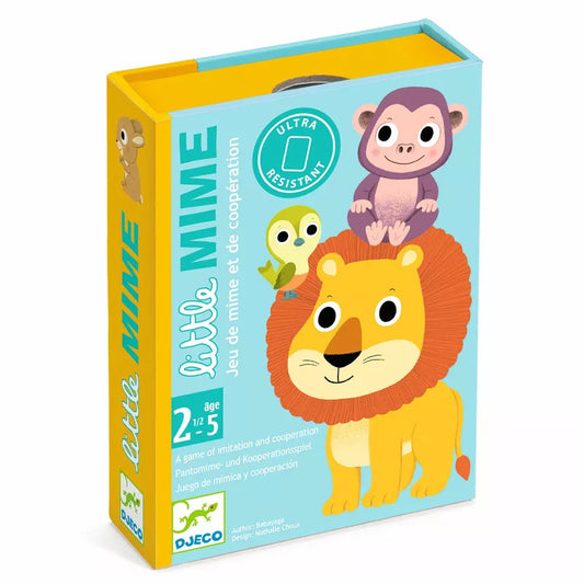 A colorful box for the Djeco Toddler Game Little Mime features charming illustrations of a lion with a monkey on its head and a bird. Text on the box indicates it's an engaging miming game for ages 2.5 and up, promoting cooperation and animal imitation skills.