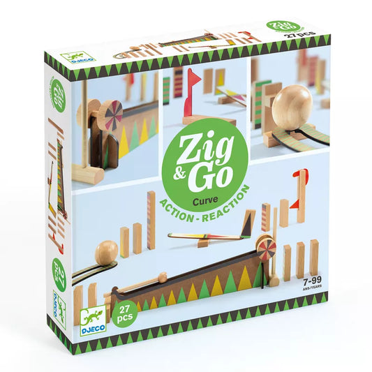 A box of Djeco Zig & Go Action-Reaction Game 27pcs toys with a picture of a train.