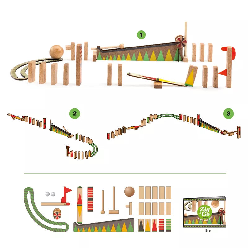 A diagram of a Djeco Zig & Go Action-Reaction Game 27pcs toy train set.