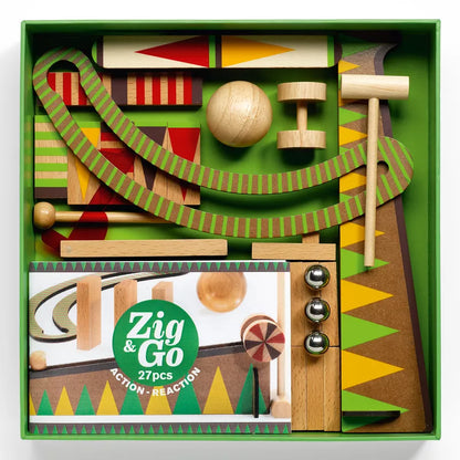 A box of Djeco wooden toys including a train.