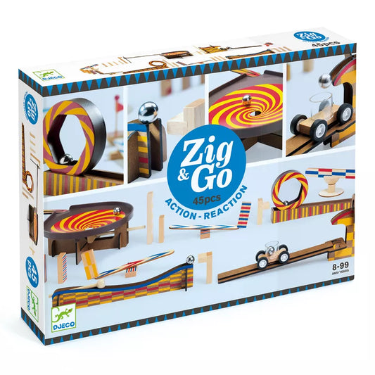 A Djeco box with a Zig & Go Action Reaction 45pcs toy train set inside of it.