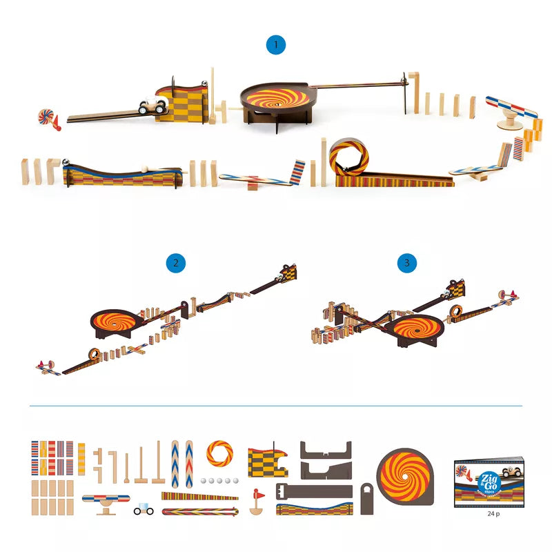 A series of diagrams showing different types of objects, including the Djeco Zig & Go Action Reaction 45pcs from Djeco.