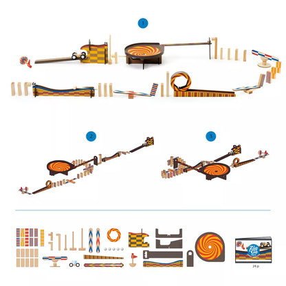 A series of diagrams showing different types of objects, including the Djeco Zig & Go Action Reaction 45pcs from Djeco.