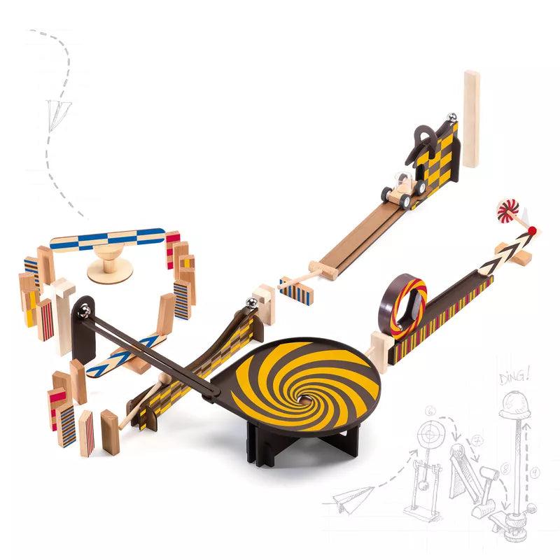 A wooden model of Djeco Zig & Go Action Reaction 45pcs spinning machine.