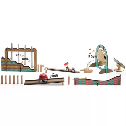 A Djeco Zig & Go Music toy train set with wooden tracks and a car.