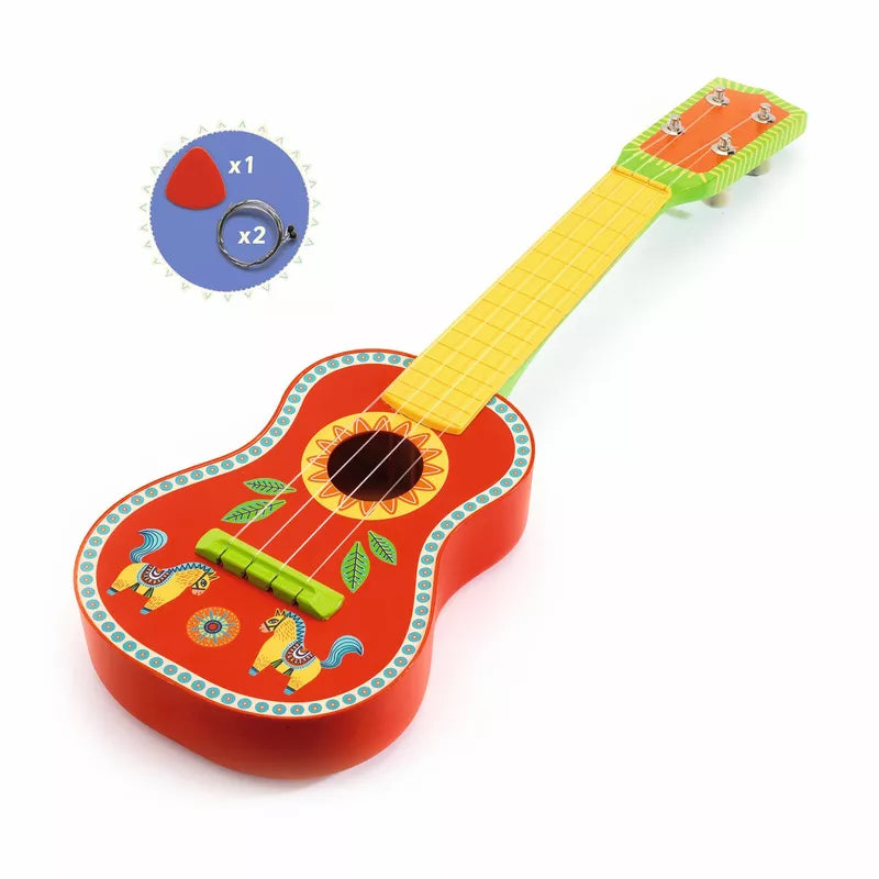 A red Djeco Animambo ukulele with a yellow fret.