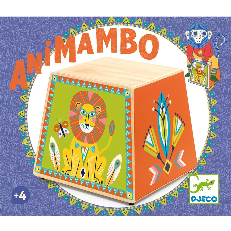 A picture of a box with a picture of a lion on it, the Djeco Animambo Musical Cajon.