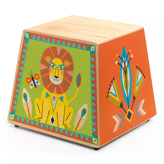 A Djeco Animambo Musical Cajon with a picture of a lion on it.