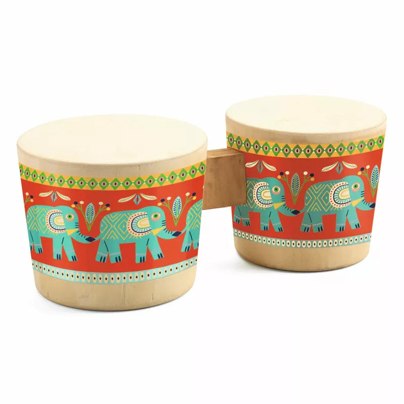 A pair of Djeco Animambo Bongo drums with elephants painted on them.