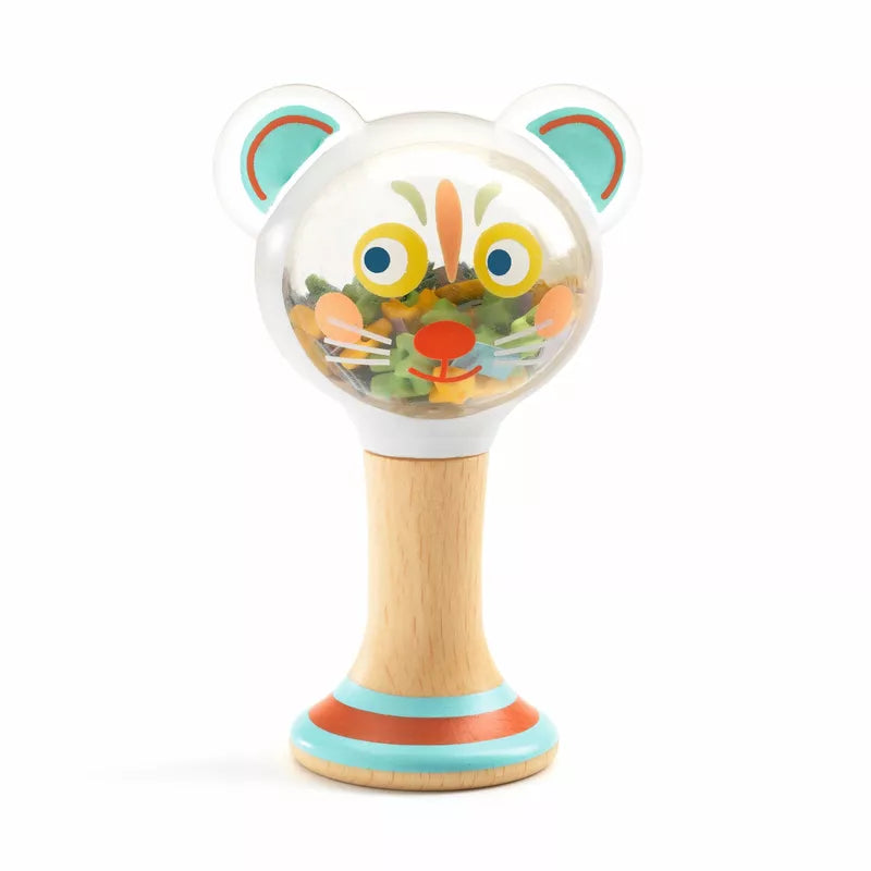A Djeco BabyMaraki wooden toy with a glass ball in the shape of a cat.