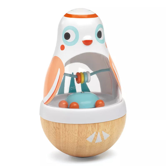 A Djeco BabyPoli wooden toy with an orange and blue bird on top of it.