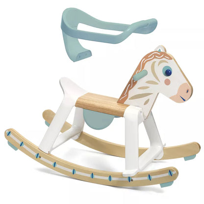 A Djeco BabyCavali Rocking Horse with a blue handle.