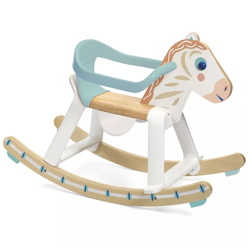 A Djeco BabyCavali Rocking Horse with a blue seat.