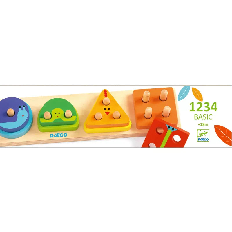 A Djeco 1234 Basic Puzzle with different shapes and sizes.