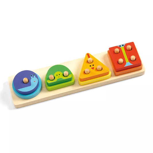 A Djeco 1234 Basic Puzzle with different shapes and colors.