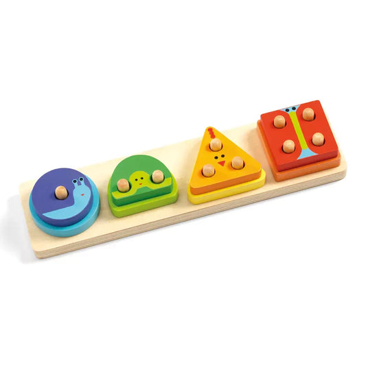 A Djeco 1234 Basic Puzzle with different shapes and colors.