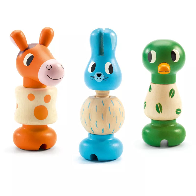 A group of three Djeco Rondanimo Early Years Manipulation toy animals sitting next to each other.