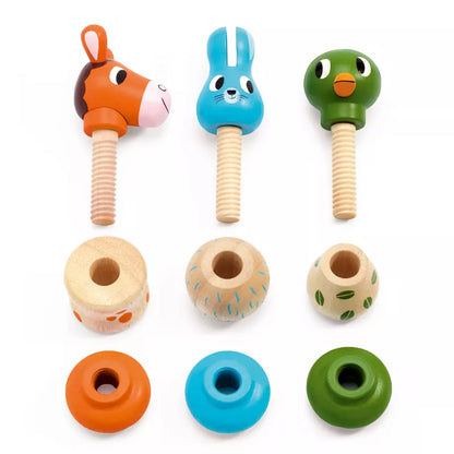 A group of Djeco Rondanimo Early Years Manipulation toy animals sitting next to each other.