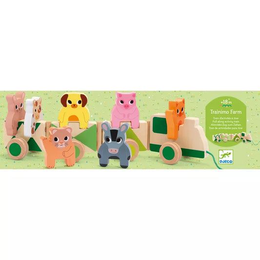 A group of Djeco Trainimo Farm wooden toys with animals on them.