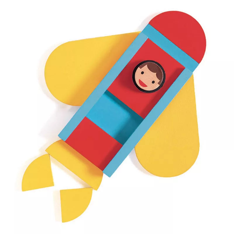 A Djeco Ze Geo Vroum toy of a boy in a rocket ship.