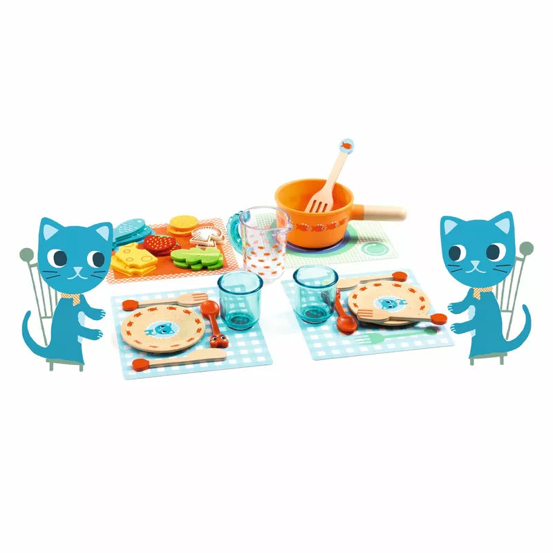 A table set up with Djeco Early Role Play Diner time, kittens! theme.