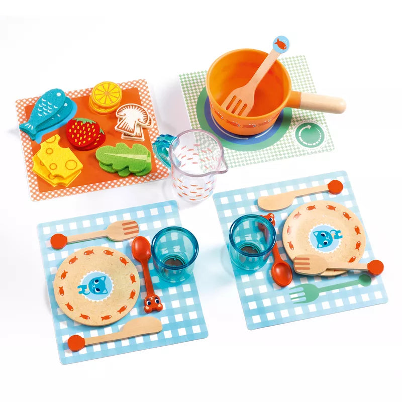 A set of Djeco Early Role Play Diner time, kittens! children's dishes and utensils.