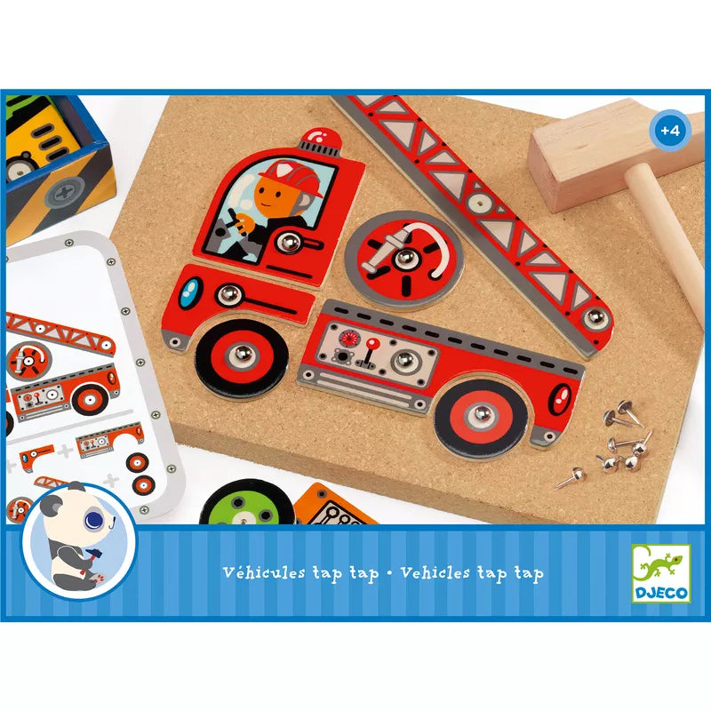 A picture of a Djeco Tap Tap Vehicles fire truck cut out of wood.