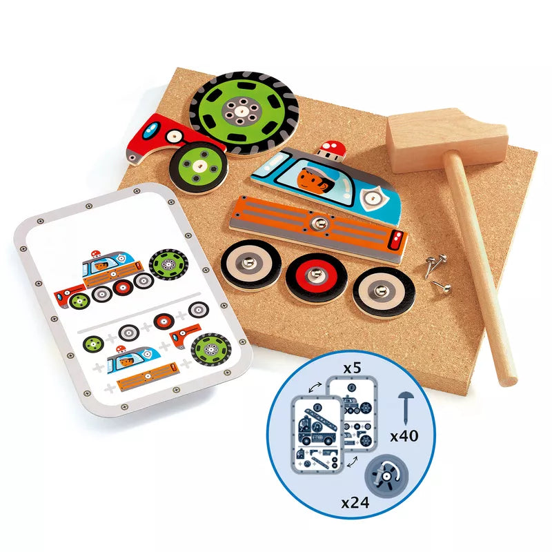 A Djeco Tap Tap Vehicles toy with a clock and a picture of a truck.