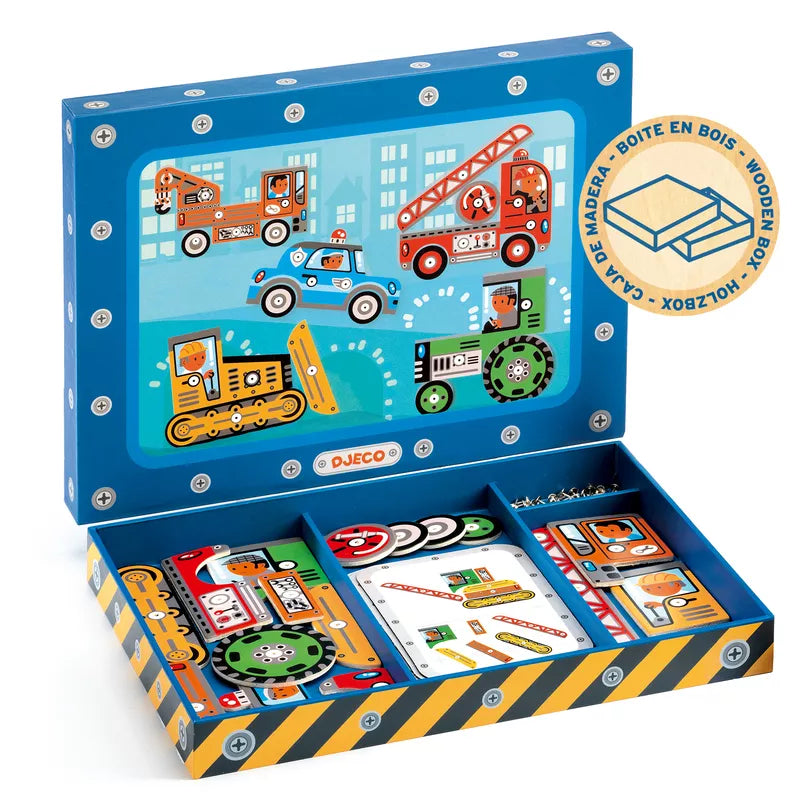 A blue Djeco box with a picture of trucks and cars on it, containing Djeco Tap Tap Vehicles.